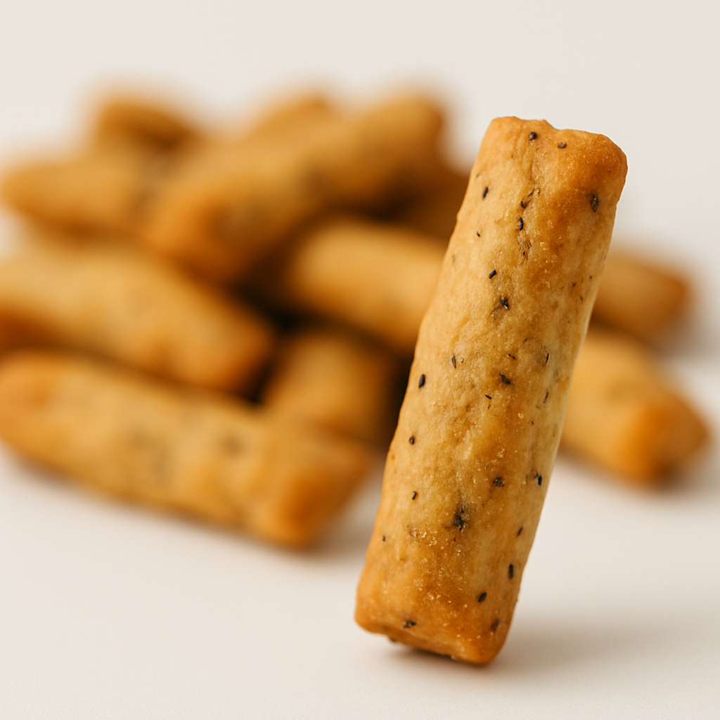 Nahaufnahme einzelner Reiscracker-Stick – goldbraun gebacken, mit sichtbaren schwarzen Sojabohnenstückchen, knackig und puristisch.