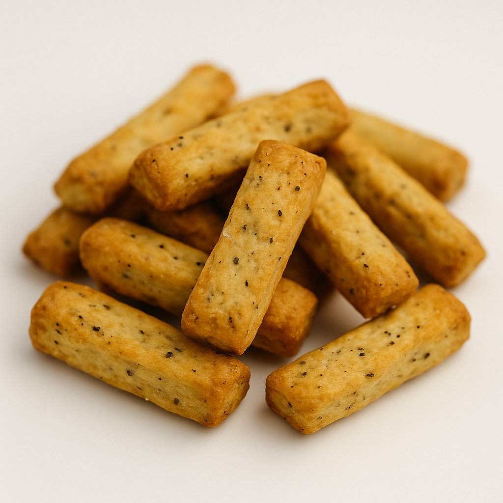 Mehrere Reiscracker-Sticks auf einem Haufen – gleichmäßig gebacken, hellbraun mit schwarzer Körnung, knusprige Textur sichtbar.