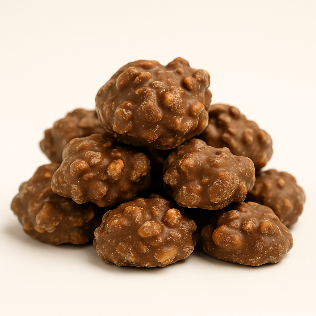 Ein Stapel knuspriger Schoko-Cluster mit Cashews und feiner Milchschokolade – salzig-süßer Snackgenuss.