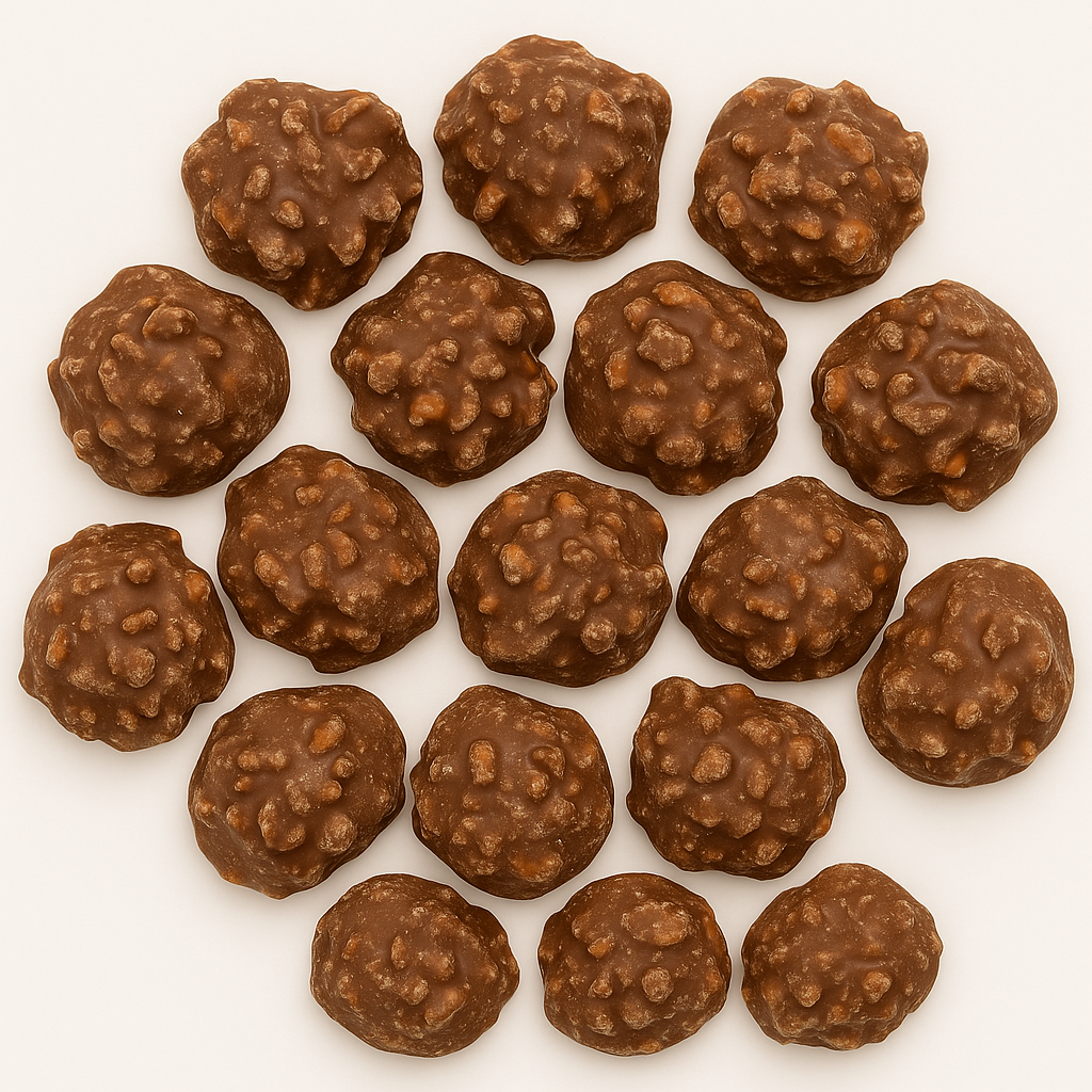 Mehrere Cashew-Karamell-Cluster mit Milchschokolade von oben arrangiert – ideal für Feinkost & Hotelgäste.