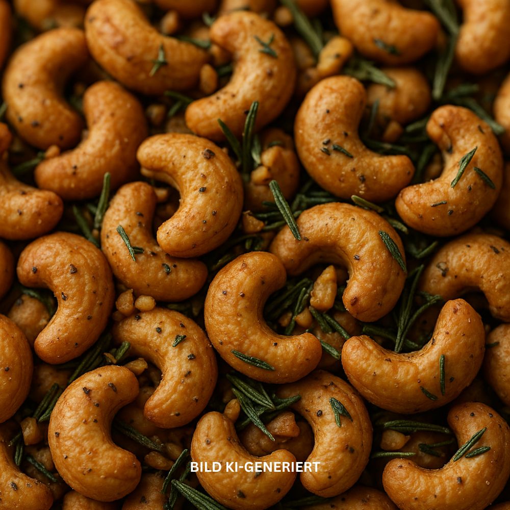 Cashewnüsse, goldbraun geröstet, verfeinert mit Knoblauchstückchen und Rosmarinzweigen – aromatischer Snack in Nahaufnahme.