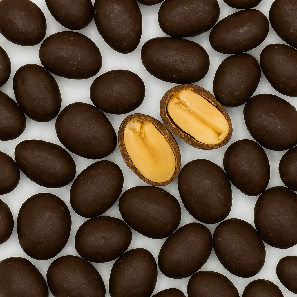 Nahaufnahme von Jumbo-Erdnüssen in Zartbitterschokolade, eine Nuss aufgebrochen und goldgelb sichtbar.