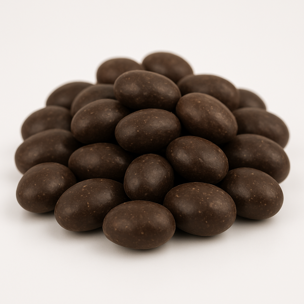 Jumbo-Erdnüsse in dunkler Schokolade auf Holzunterlage, im Vordergrund eine aufgeschnittene Erdnuss.