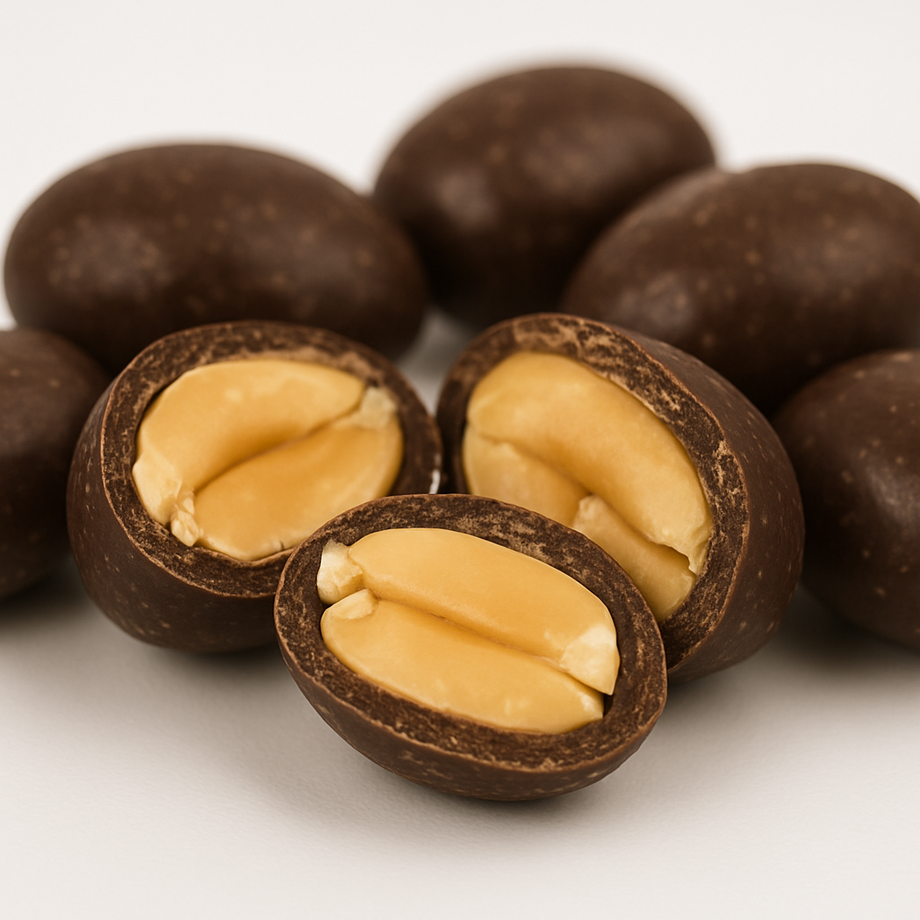 Weiße Schale voller glänzender Zartbitterschokoladen-Erdnüsse in edler Bar-Atmosphäre.