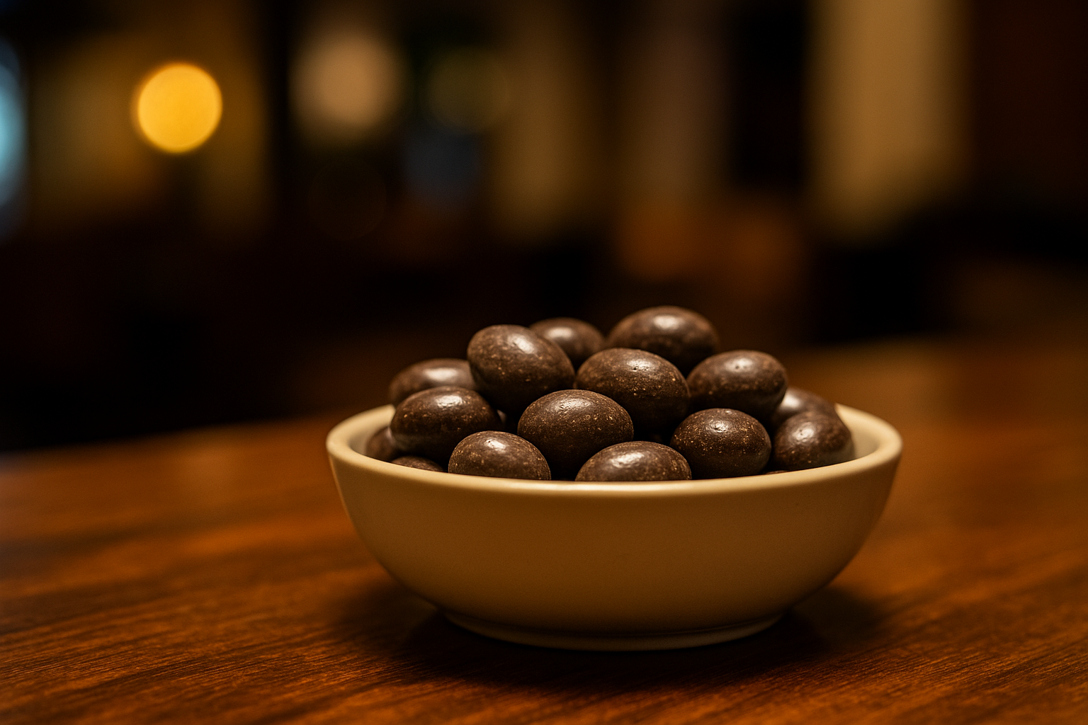 Detailansicht einer geöffneten Jumbo-Erdnuss, umhüllt von dunkler Schokolade.