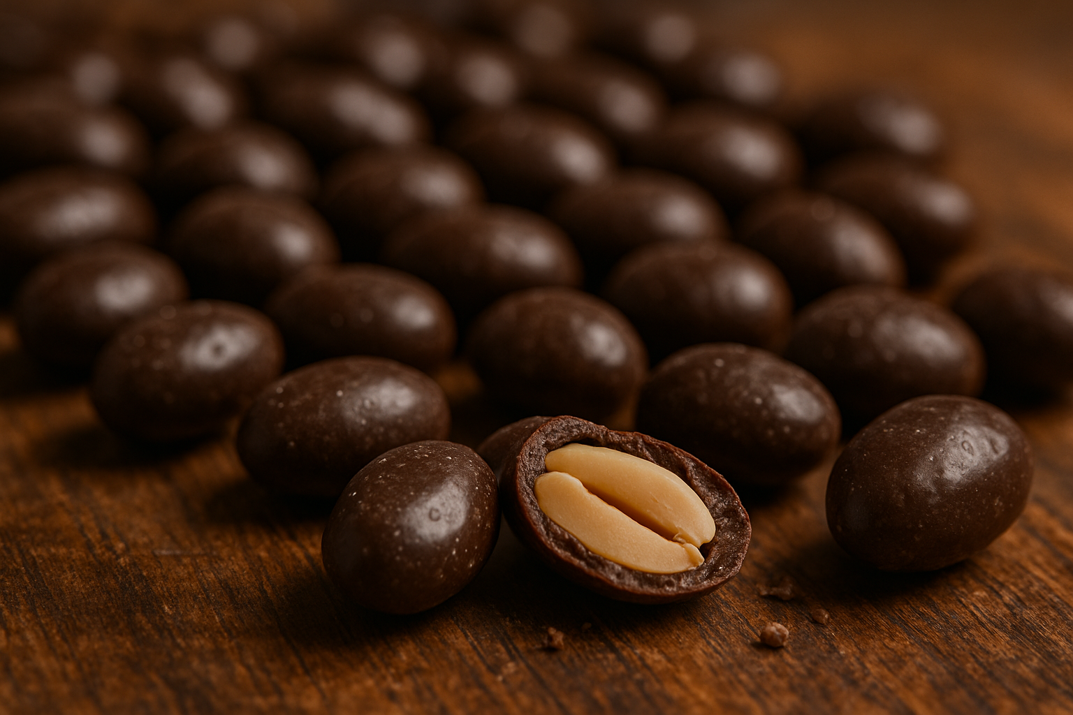 Gestapelte Zartbitterschokoladen-Erdnüsse mit gleichmäßig glänzender Oberfläche.