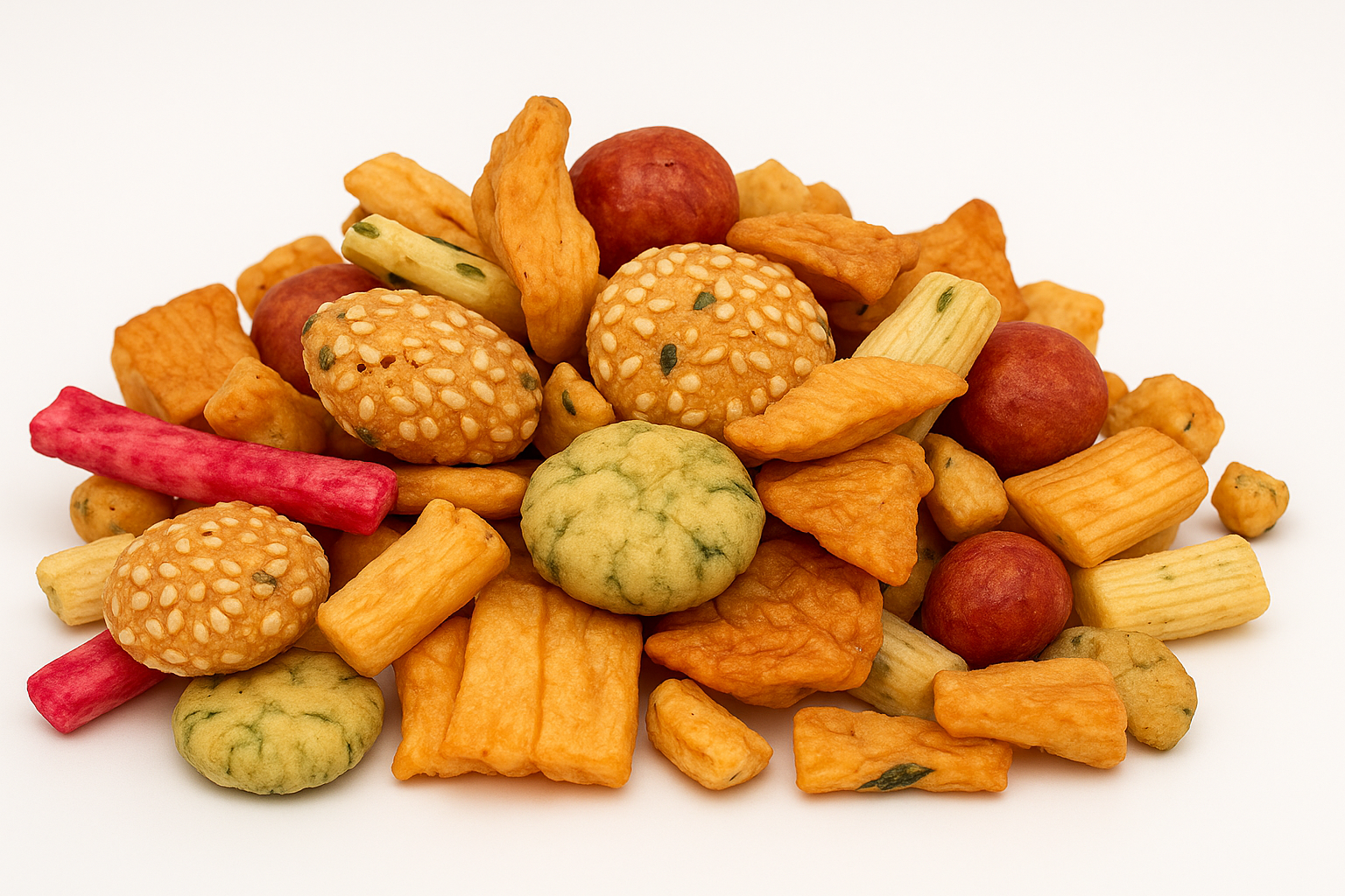 Bunter Reis-Cracker-Mix mit Erdnüssen, Sesamkugeln und grünen Kräuter-Crackern in appetitlicher Nahaufnahme.