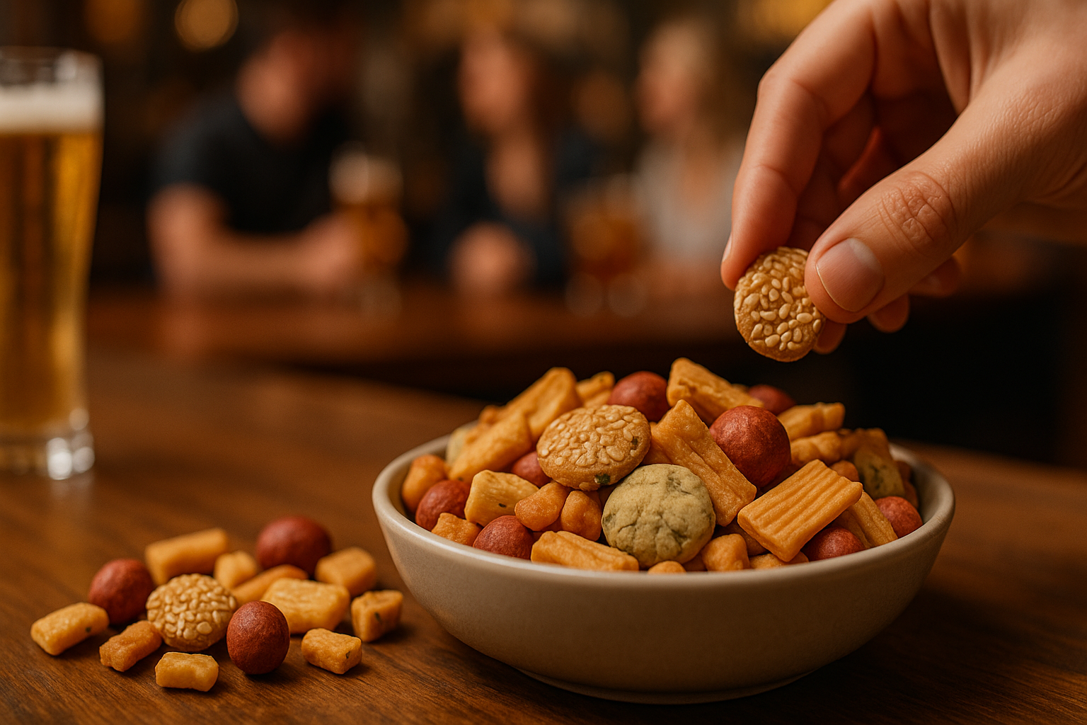 Detailansicht eines bunten Asia-Snackmix mit Sesam, Erdnüssen und Reiscrackern, verteilt auf einem Holztisch.
