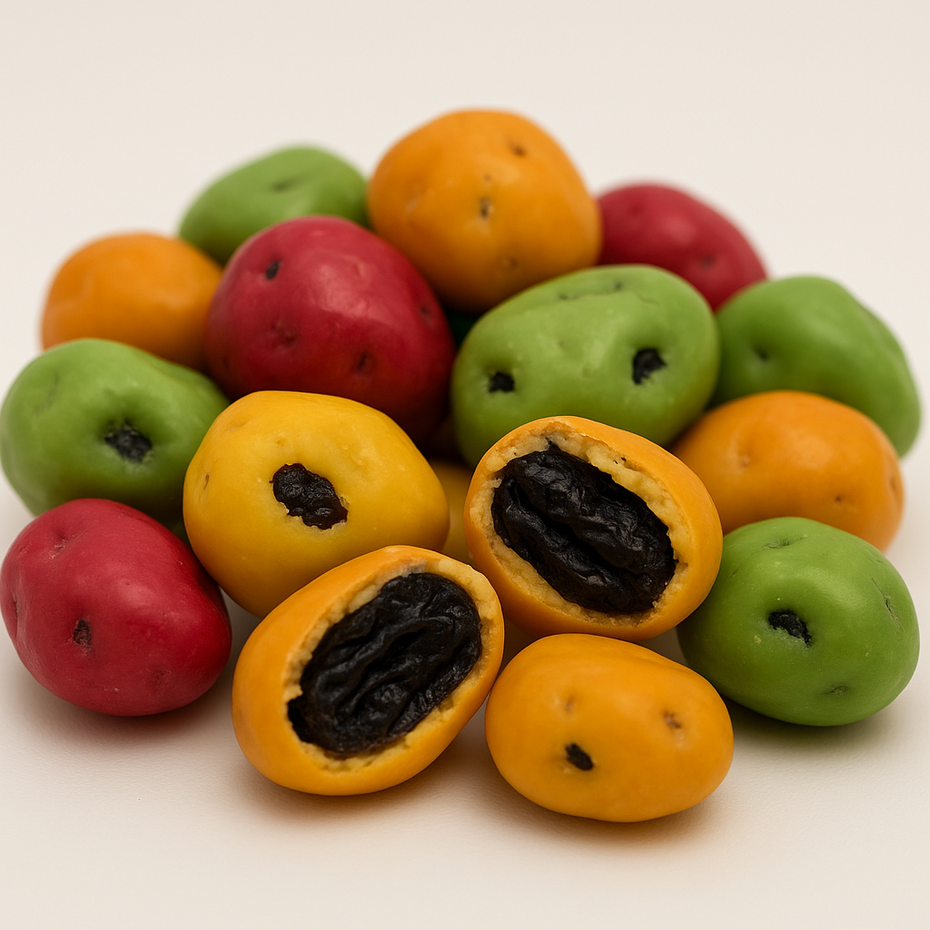 Bunte Schokorosinen in Gelb, Rot, Grün und Orange – fruchtiger Snack für Hotelbars und Konferenzpausen.