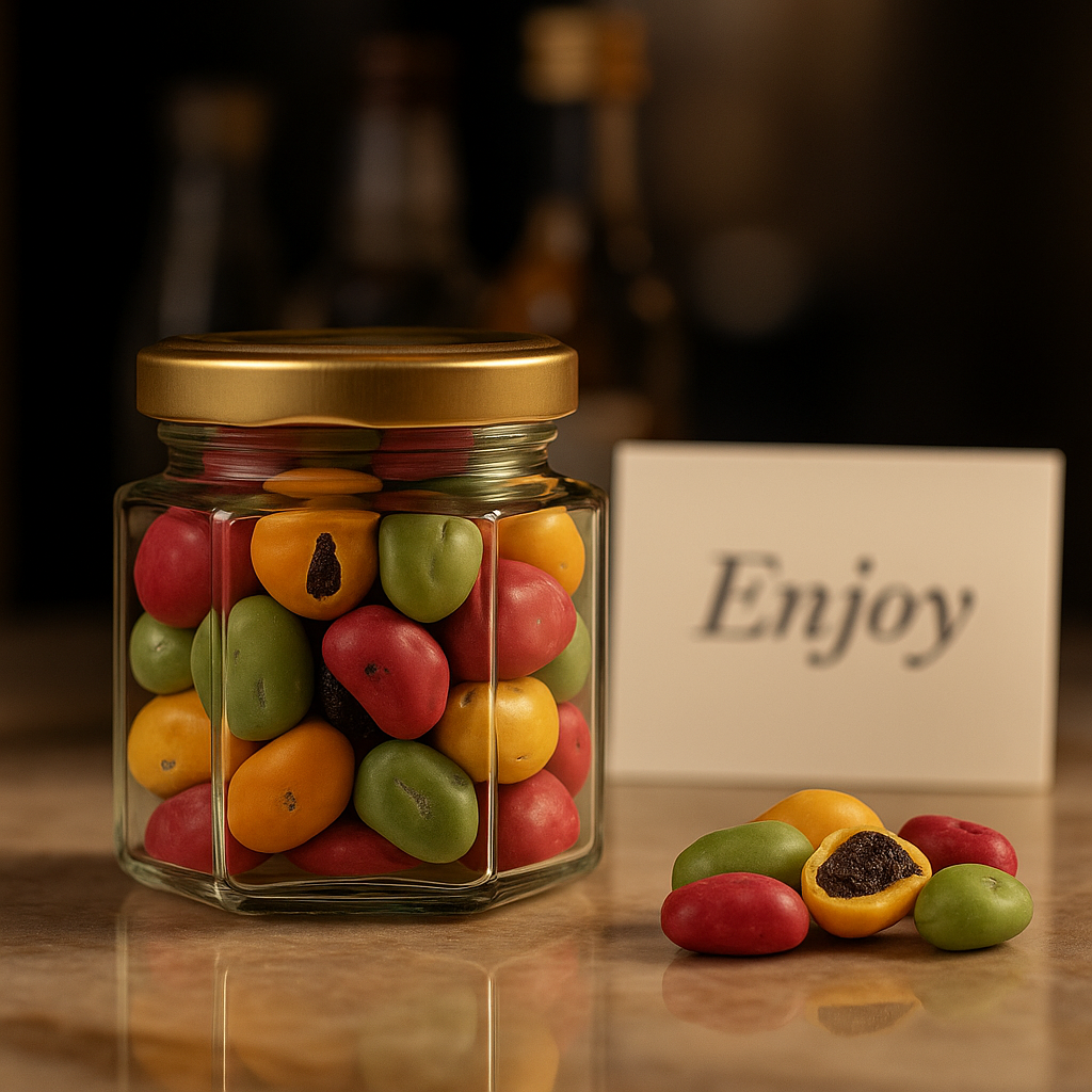 Schokorosinen im Glas mit Golddeckel – auffällige Präsentidee für Minibar, Events und Feinkostboxen.