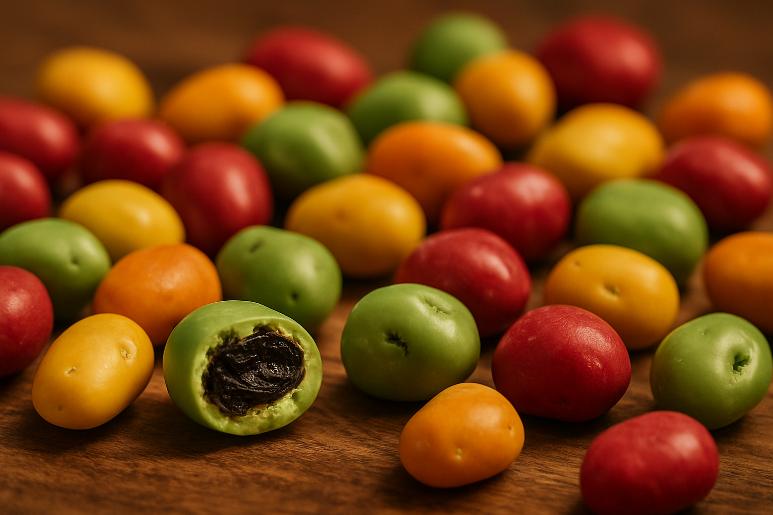 Bunte Schokorosinen auf Holztisch, mit sichtbarer Fruchtfüllung – farbenfrohes Highlight für Buffets und Firmenkunden.