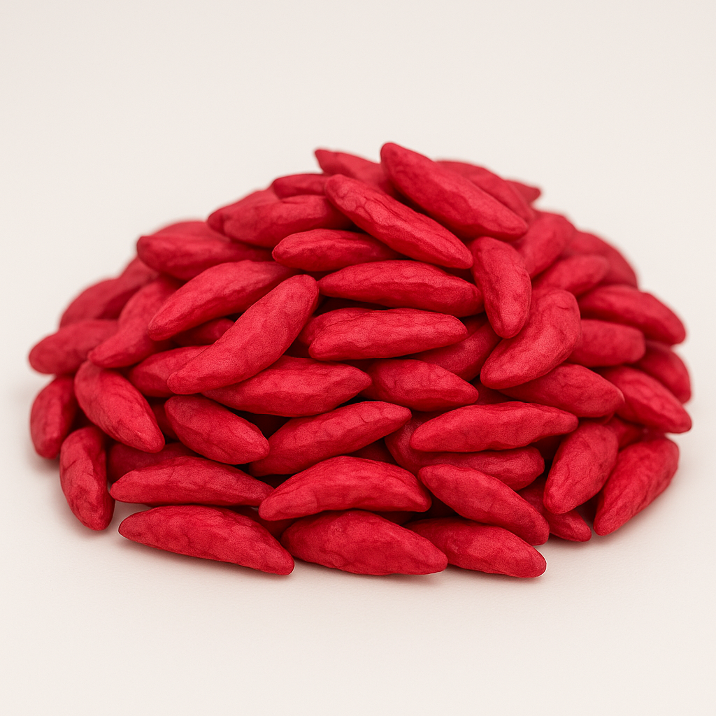 Rote Reiscracker-Sticks mit Hibiskus und Sojasauce – knuspriger Asia-Snack aus Thailand, auffälliger Farbakzent.