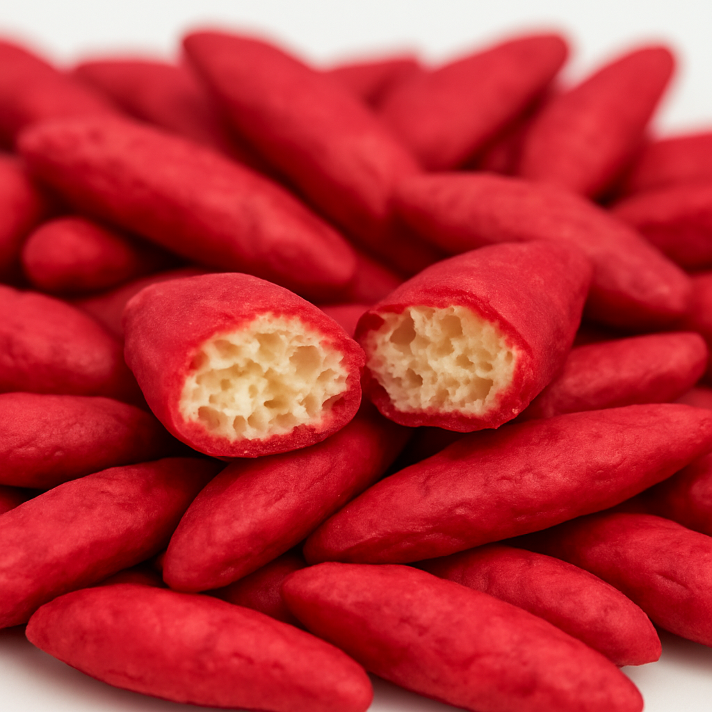 Detailaufnahme roter Reiscracker-Sticks mit Hibiskus und Sojasauce, knusprig-luftige Struktur innen sichtbar.