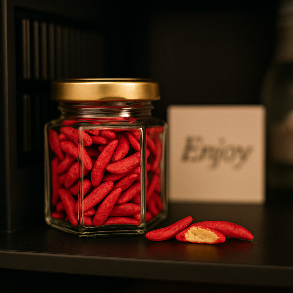 Glas mit roten Reiscracker-Sticks Hibiskus & Sojasauce – dekorativer Asia-Snack für Minibar oder Präsentbox.