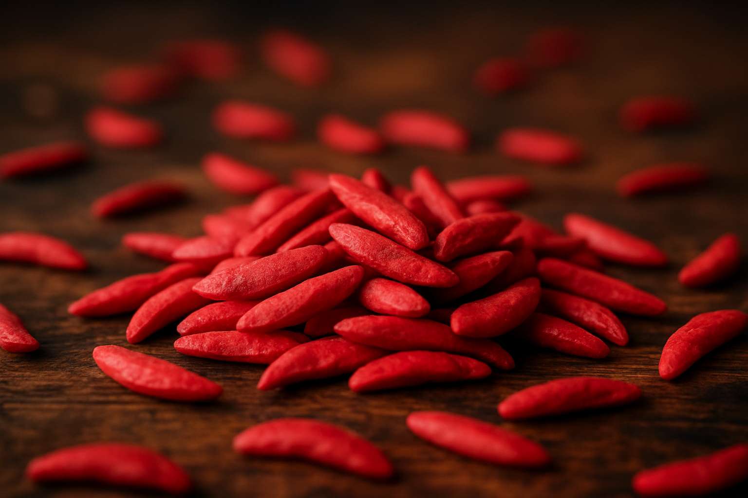 Rote Reiscracker-Sticks Hibiskus & Sojasauce locker auf Holzfläche verteilt – knuspriger Asia-Snack.