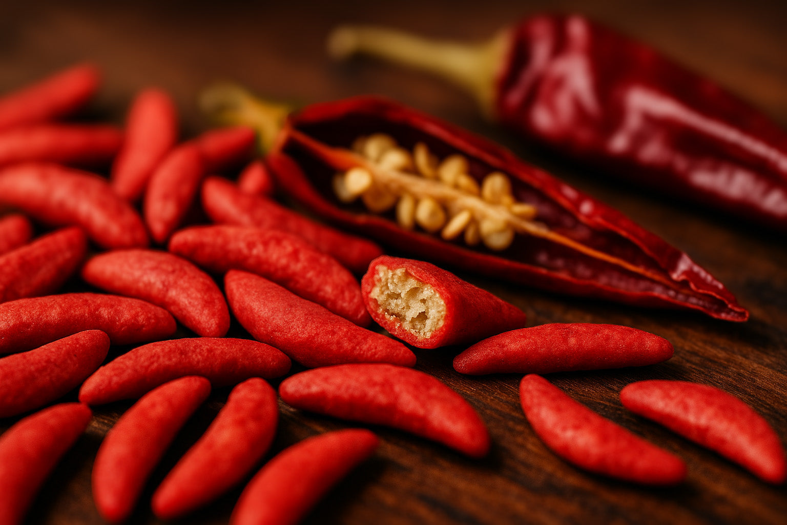 Rote Reiscracker-Sticks Hibiskus & Sojasauce, im Vordergrund aufgebrochen neben getrockneter Chili – pikante Optik.