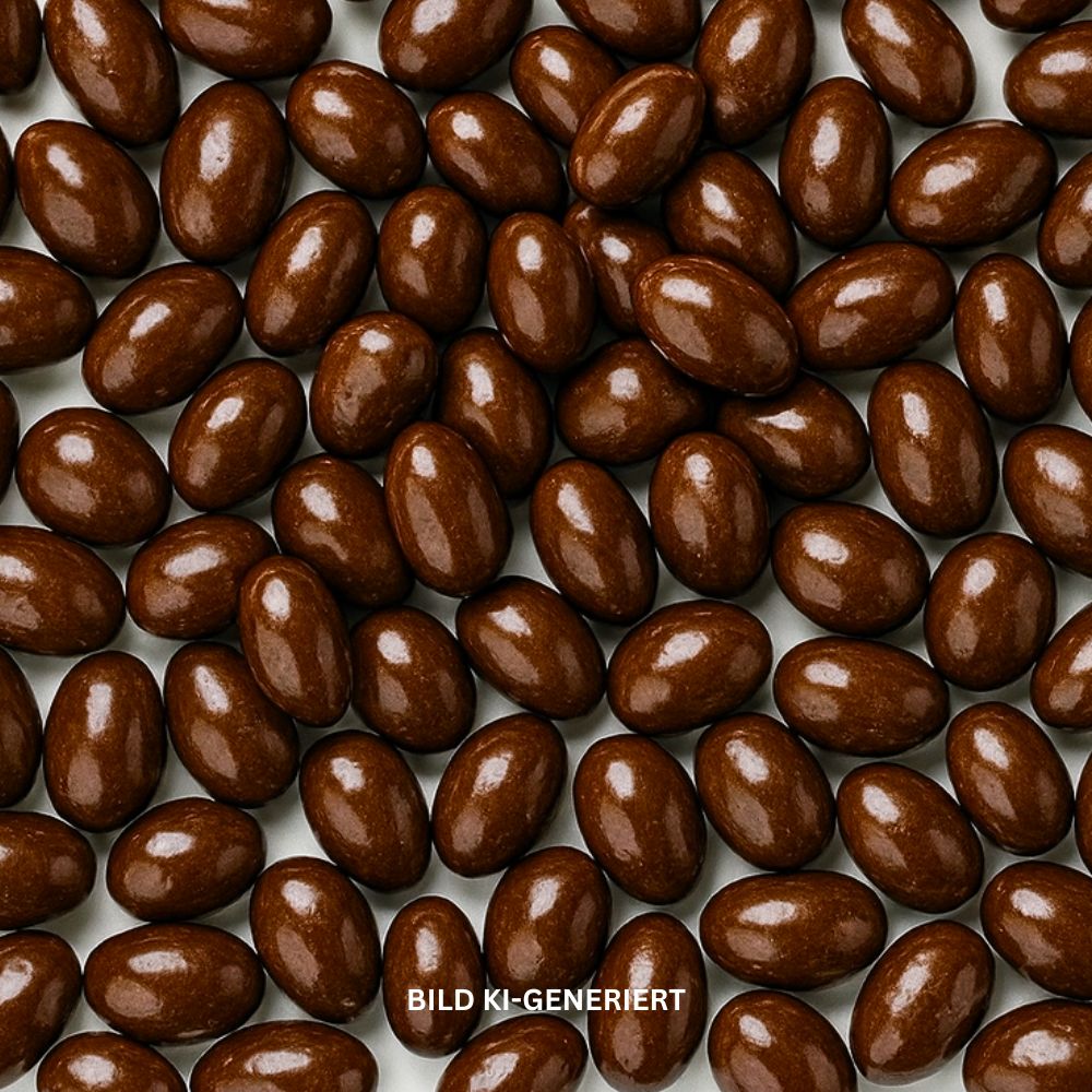 Dunkel glänzende, mit Zartbitterschokolade überzogene Jumbo-Erdnüsse in gleichmäßiger Anordnung auf weißem Hintergrund.