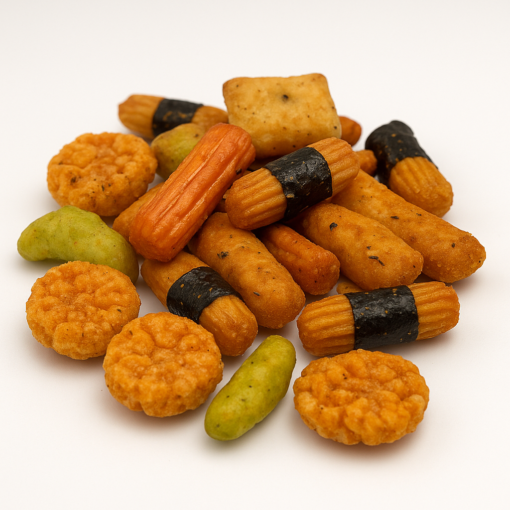 Bunter Reiscracker-Mix im Thailand-Style – würzig-süß mit Algen, Sojasauce und Sriracha.