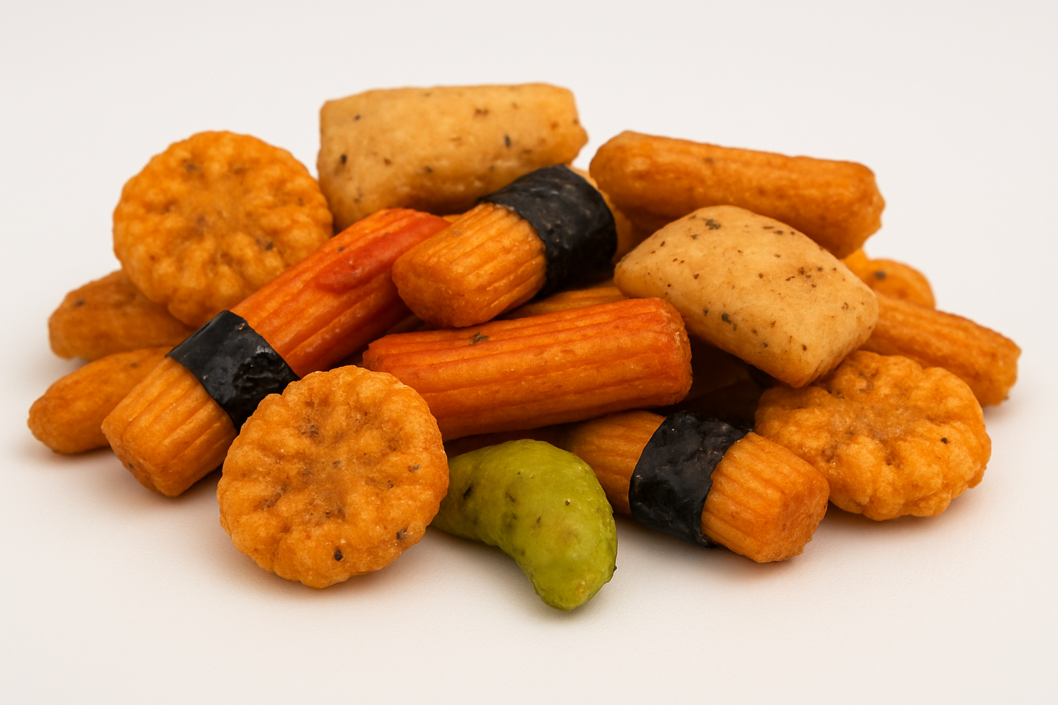 Nahaufnahme gemischter Reiscracker in Orange, Grün und Braun – knuspriger Snack für Hotelbars und Konferenzen.