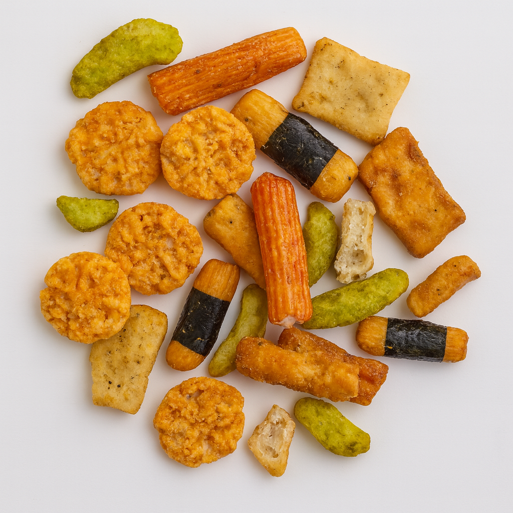 Sortierte Thailand-Cracker von oben – exotischer Knabberspaß für Welcome-Trays und Business-Lounges.