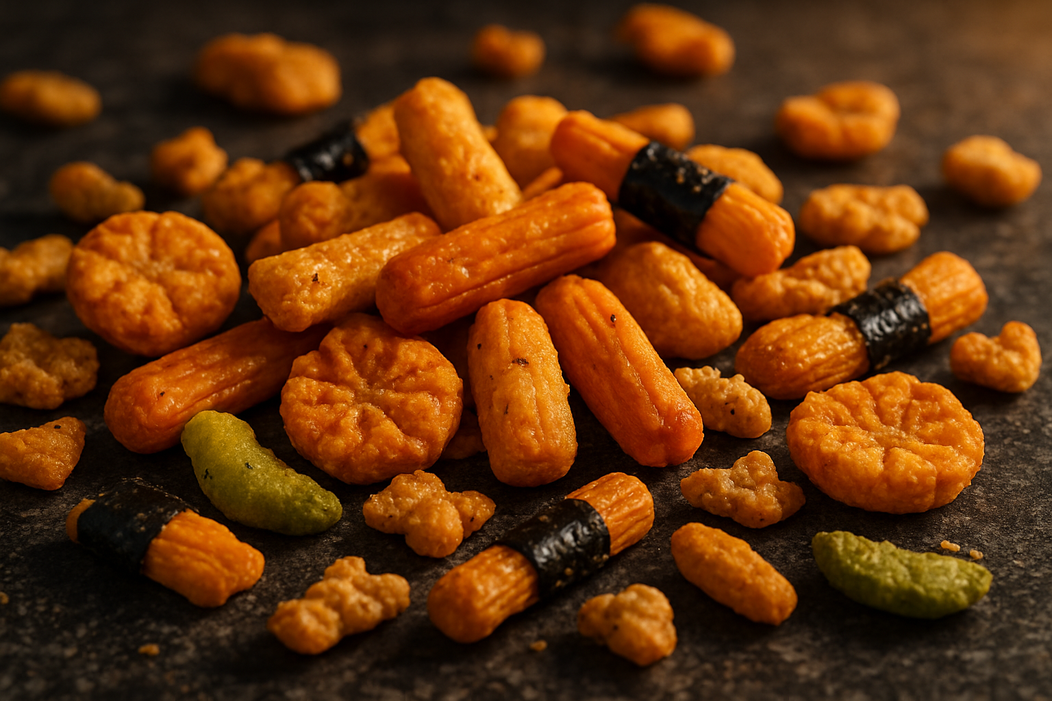 Gestapelte Thailand-Cracker in kräftigen Farben – auffälliger Snack für internationale Hotel- und Business-Konzepte.