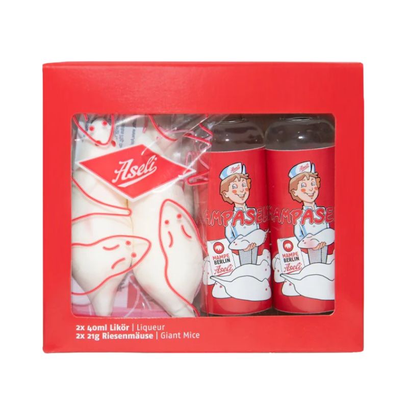 MAMPASELI Geschenkbox mit zwei Aseli Riesenmäusen und zwei Mampe-Likörflaschen in roter Verpackung, Berliner Geschenkset mit Schaumzucker und Likör