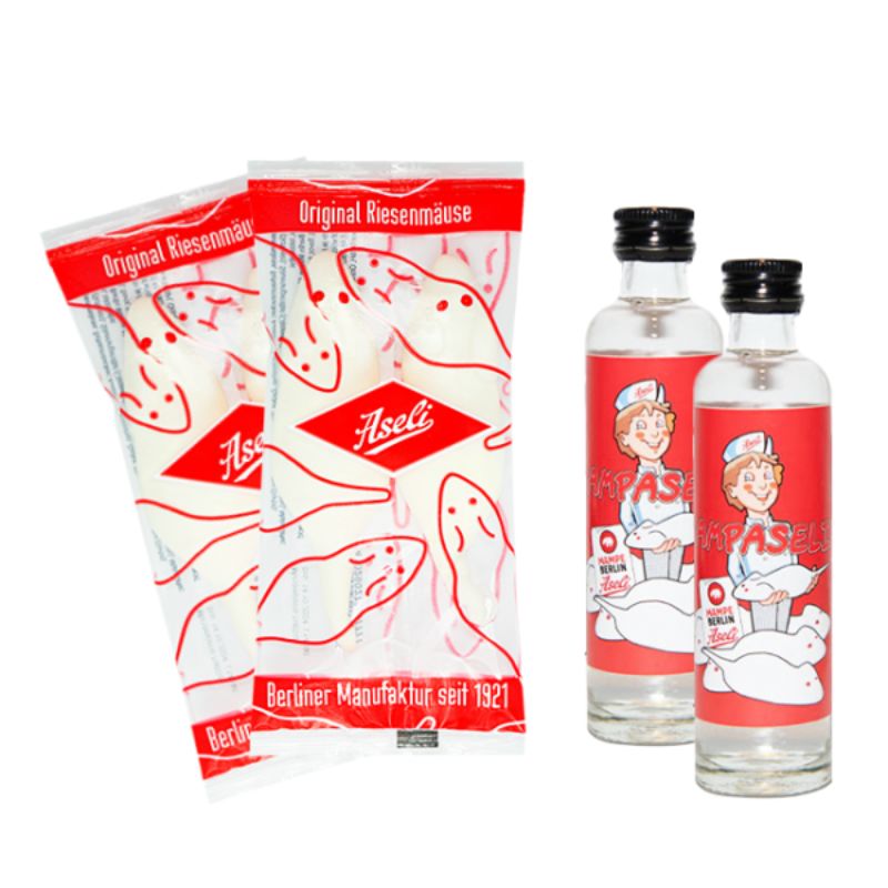MAMPASELI Geschenkset mit zwei Packungen Aseli Riesenmäusen und zwei kleinen Mampe-Likörflaschen à 40 ml, Berliner Kombi aus Schaumzucker und Likör als kultiges Hauptstadt-Souvenir