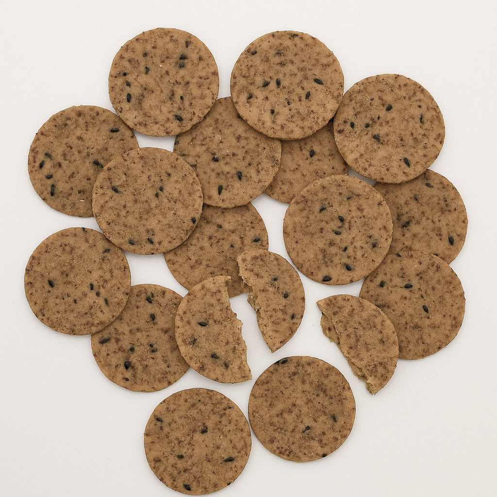 Reiscracker mit Sesam und schwarzem Pfeffer, goldbraun gebacken – knuspriger Snack für Minibar und Konferenzpausen.