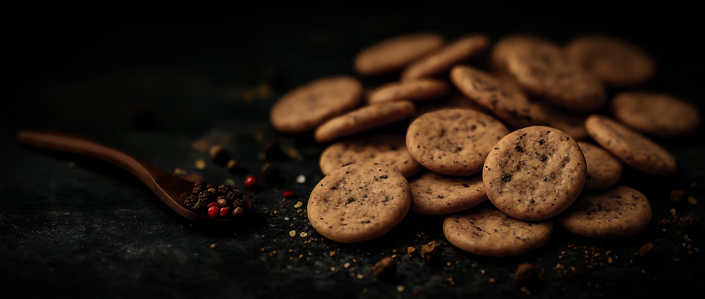 Reiscracker mit Sesam und Pfeffer inszeniert mit Gewürzen – würziger Premium-Snack für Unternehmen und Eventcatering.