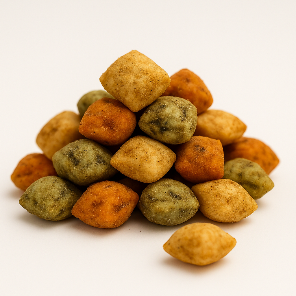 Bunter Knusper-Erdnuss-Mix im Teigmantel – vier Sorten für abwechslungsreiche Snackmomente in Hotels und Lounges.