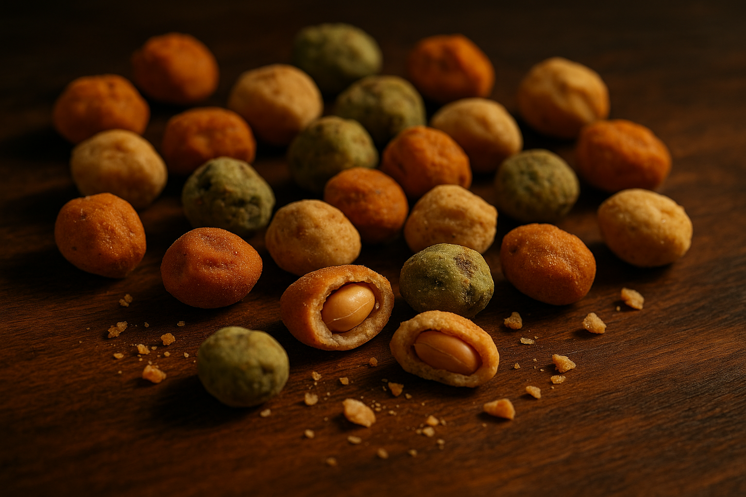 Knusper-Erdnüsse in vier Farben, arrangiert auf Holztisch – Premium-Snack mit BBQ, Pesto, Sour Cream & Onion sowie Käse-Tomate.