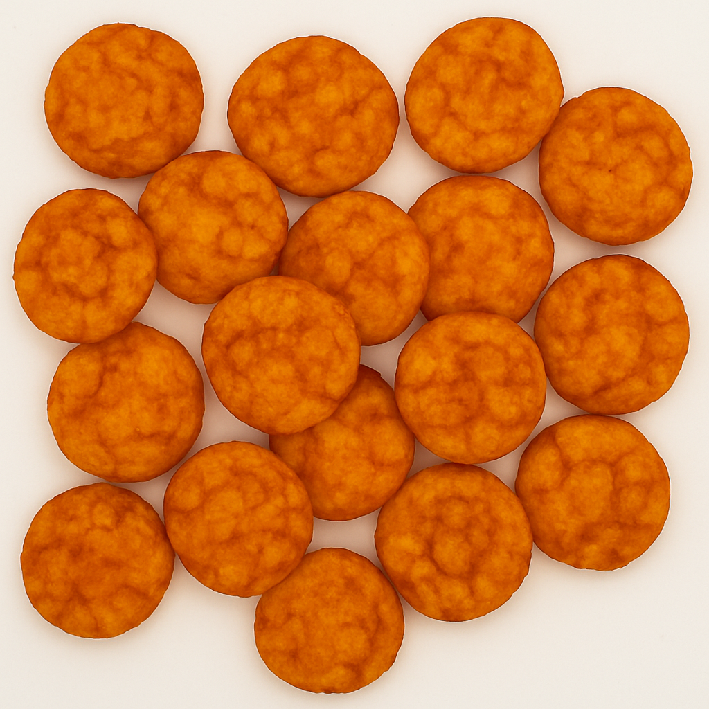 Runde Reissnacks mit Chili, goldbraun-rötlich gebacken – würziger Snack für Hotelbars und Konferenzen.