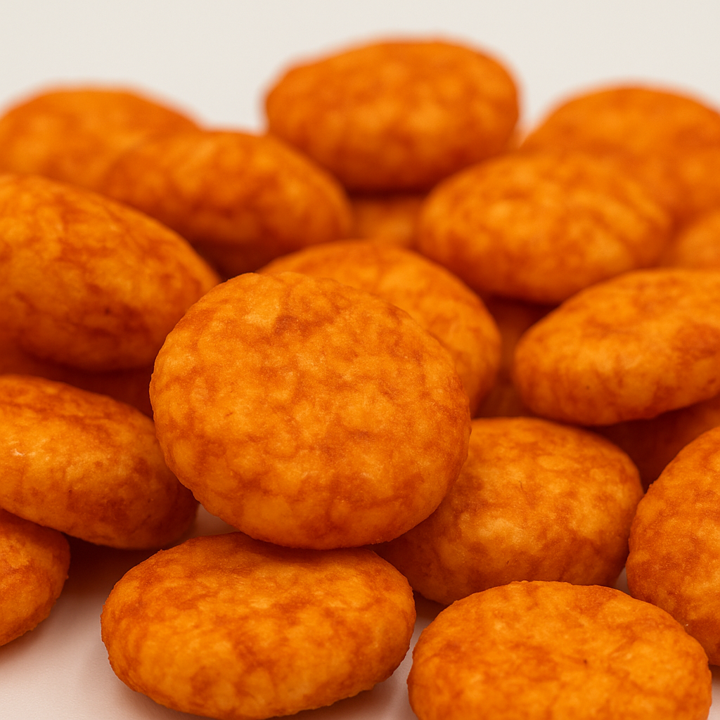 Detailaufnahme von Chili-Reissnacks – knuspriger veganer Snack für Business-Catering und Lounges.