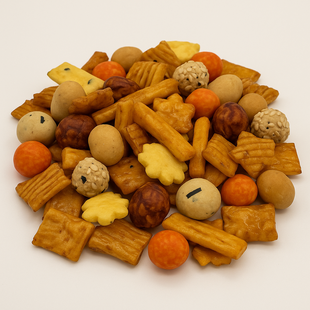 Bunter Asia-Snackmix mit Maiscrackern und beschichteten Erdnüssen – würziger Begleiter für Hotelbars und Konferenzen.