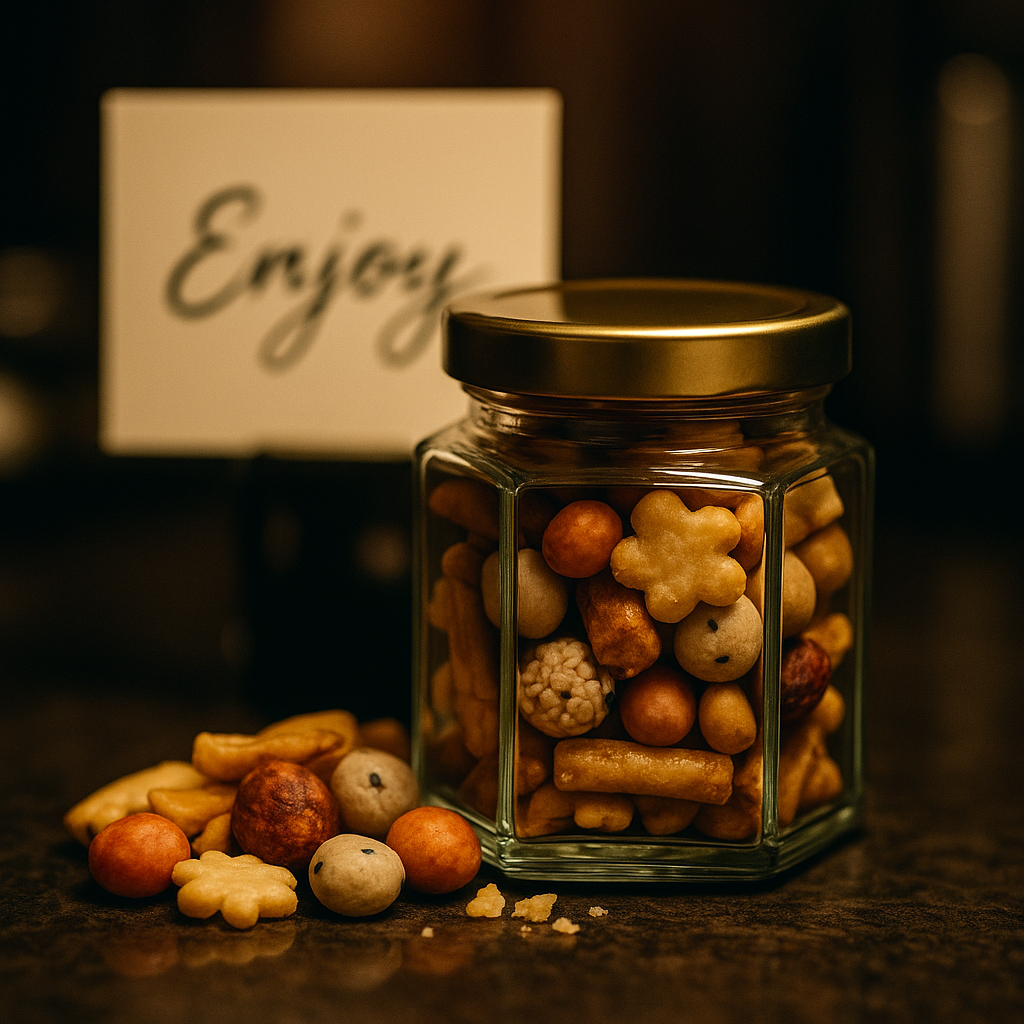 Asia-Snackmix im Glas mit Golddeckel – ideale Verpackungslösung für Geschenkboxen, Tagungspausen und Lounges.