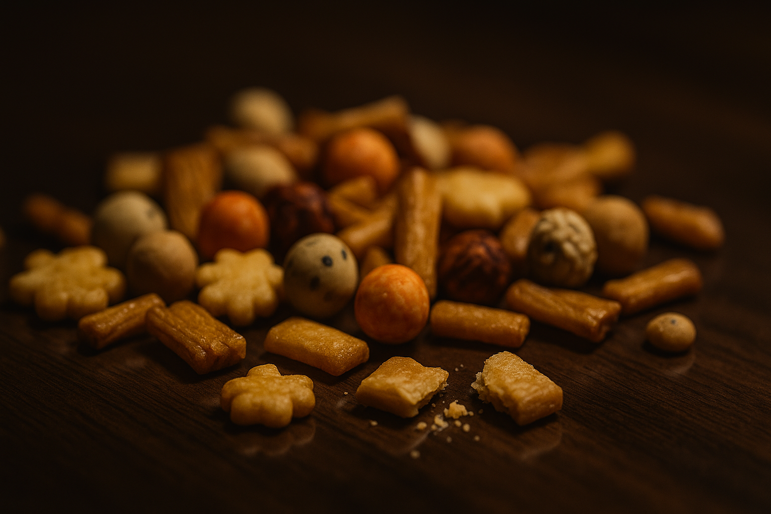 Nahaufnahme des Samurai Mix mit Crackern und Nüssen – herzhaft-knuspriger Snack für internationale Business-Präsente.