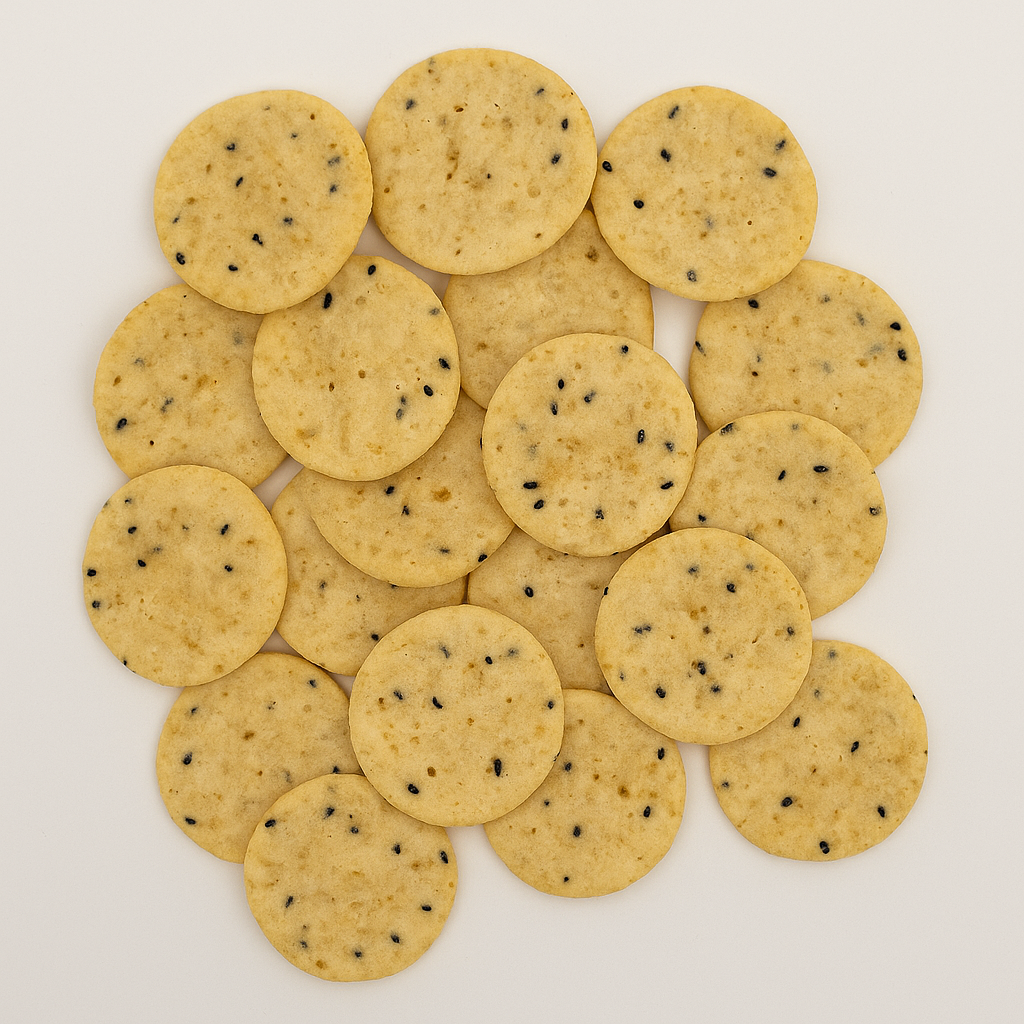 Goldbraune Reiscracker mit Sesam und schwarzem Pfeffer – knuspriger Snack für Minibar, Tagungen und Business-Catering.