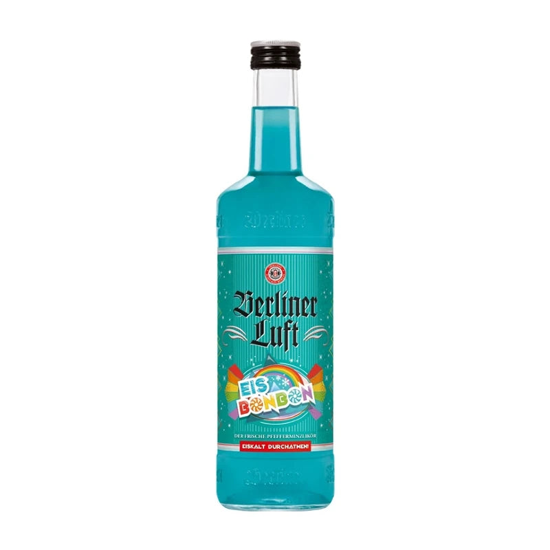 Flasche Schilkin Berliner Luft Eisbonbon 0,7 l mit blau-weißem Etikett, Pfefferminzlikör aus Berlin mit Eisbonbon-Geschmack und 15 % vol., ideal als Shot oder für Party-Drinks und Geschenkideen