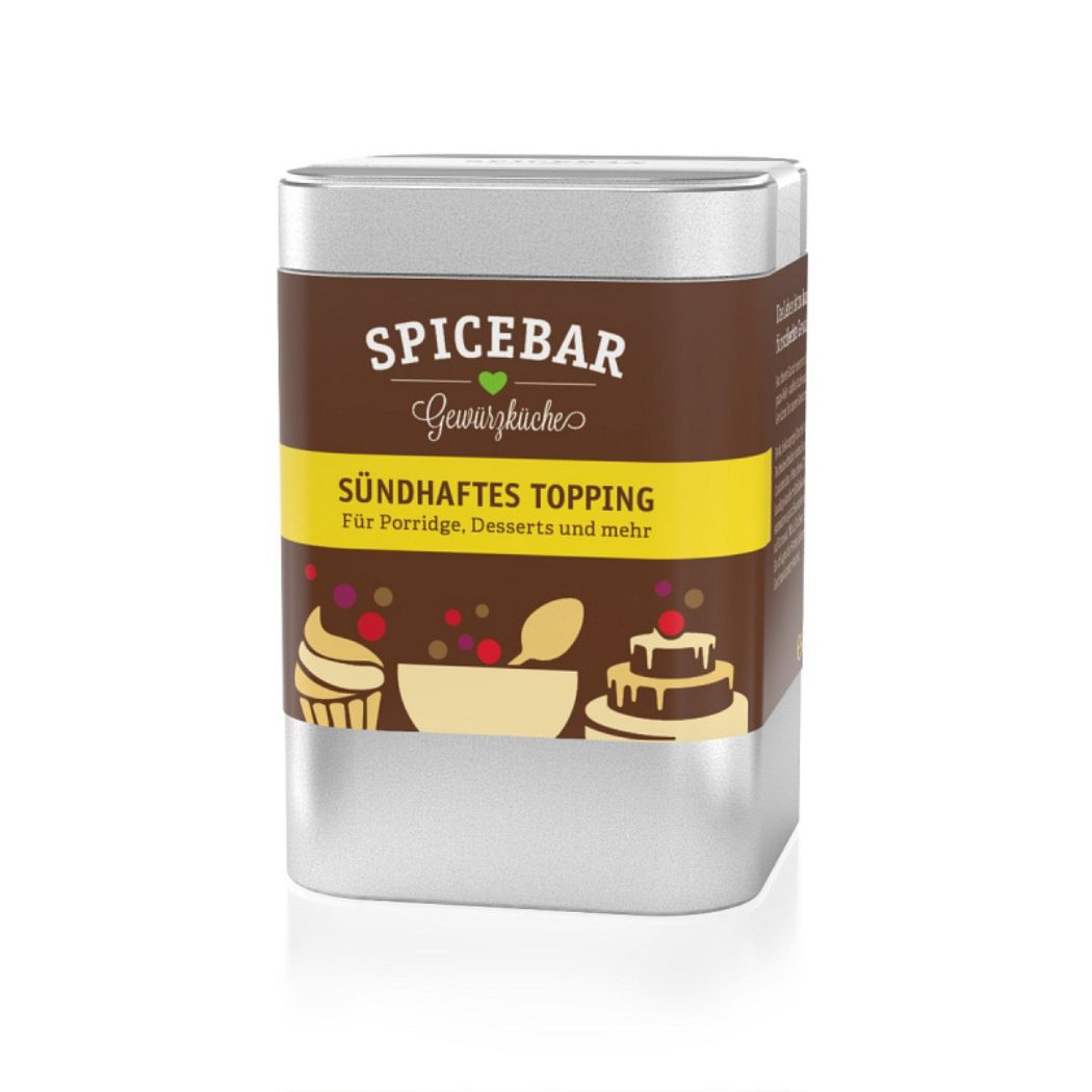 Bio-Gewürzdose von Spicebar mit dem süßen Sündhaftes Topping für Desserts, Porridge und mehr – in stylischer Verpackung mit gelbem Etikett.