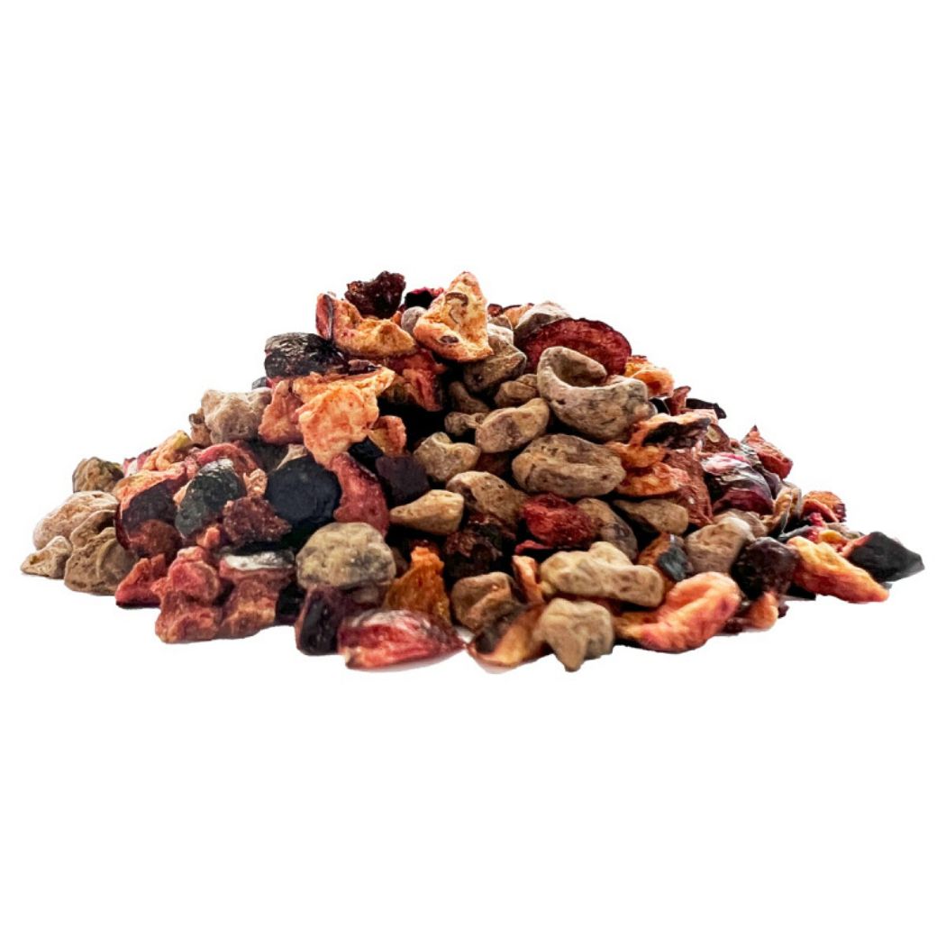 Eine lose Portion des Sündhaften Toppings von Spicebar – bunte Mischung aus gefriergetrockneten Früchten und Schokostückchen in Bio-Qualität.