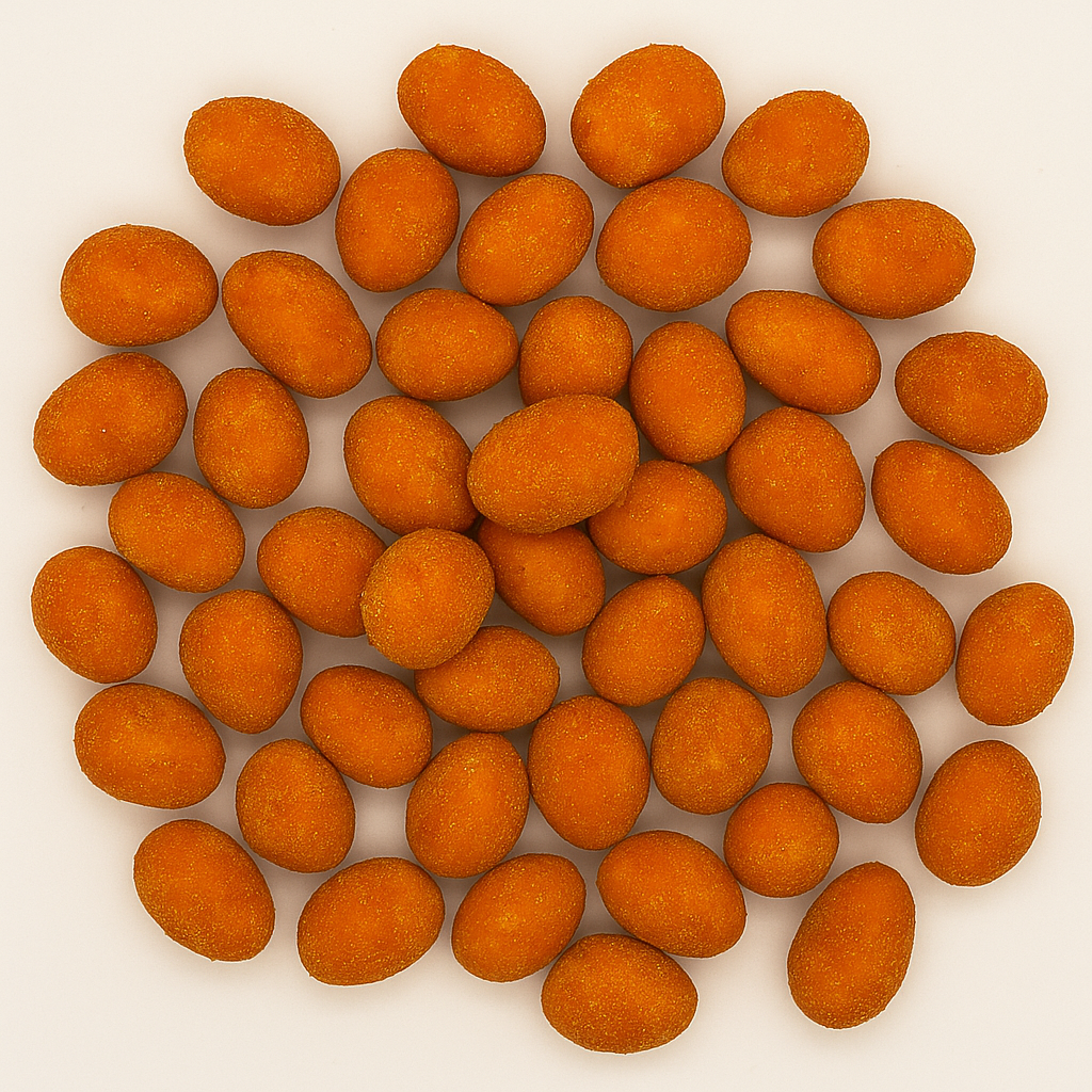 Runde Erdnüsse mit BBQ-Chili-Teighülle in kräftigem Rotbraun – auffälliger Snack für Business-Catering und Events.