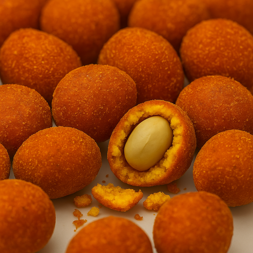 Aufgebrochene BBQ-Chili-Erdnuss mit sichtbarem Kern – pikante Knabberei für Firmenkunden und Gästeaufmerksamkeiten.