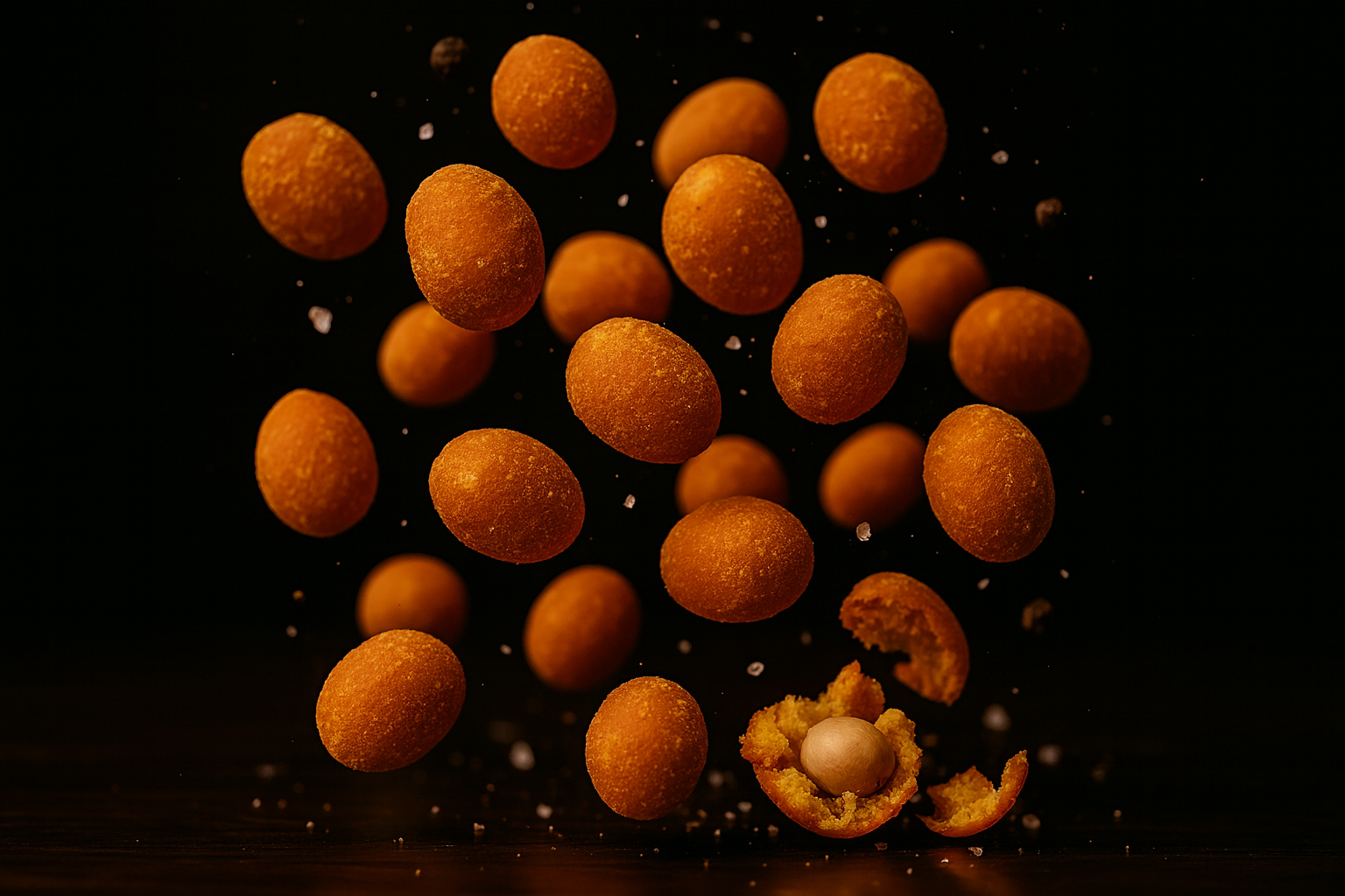 Dynamisch inszenierte BBQ-Chili-Erdnüsse mit Gewürzen – Premium-Snack für würzige Genussmomente in Unternehmen und Hotellerie.