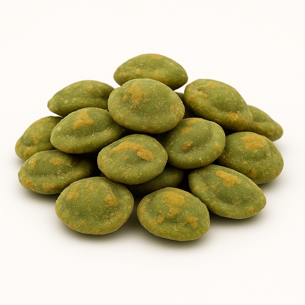 Knusprig umhüllte Wasabi-Erdnüsse in intensivem Grün – auffälliger Premium-Snack für Hotelbars und Konferenzlounges.