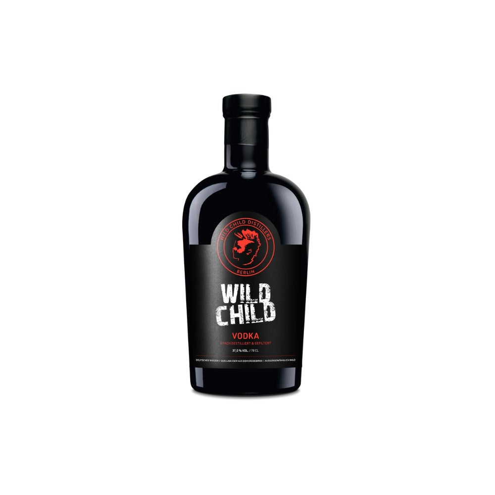 Wild Child Vodka 37,5 % vol. in der 50-ml-Flasche – Berliner Manufaktur-Vodka mit schwarzem Etikett und rotem Logo, ideal für Hotelbar, Minibar und Firmenpräsente.