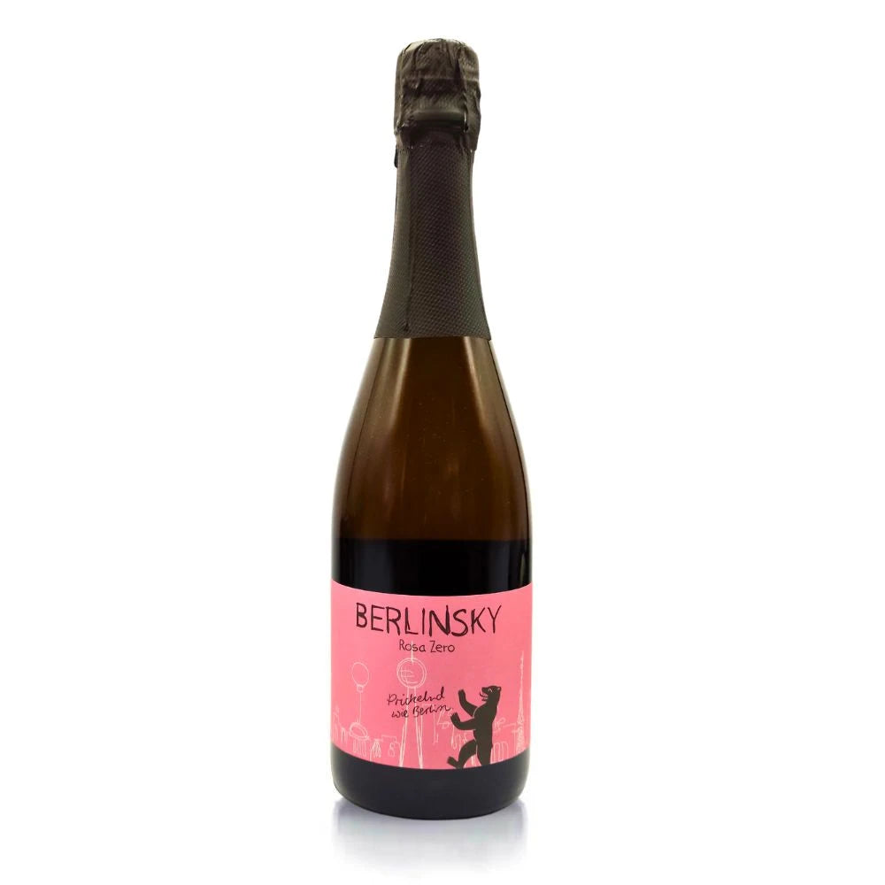 Berlinsky Rosa Zero 0,75 l – elegante alkoholfreie Schaumweinflasche mit schwarzer Kapsel und pinkem Etikett im Berlin-Design. Prickelnd, stilvoll und alkoholfrei – ideal für Hotel-Events, Feste oder alkoholfreie Geschenkideen.