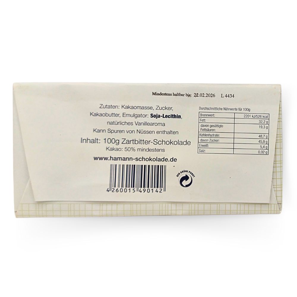 Erich Hamann Tafel 100g Zartbitter 50% Kakao