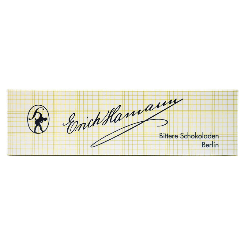 Verpackung der Erich Hamann Hauchdünne Bitter Platten – klassische Schokoladenbox im Hamann-Design mit feinem Linienmuster und dunkelblauer Schrift auf cremefarbenem Grund.