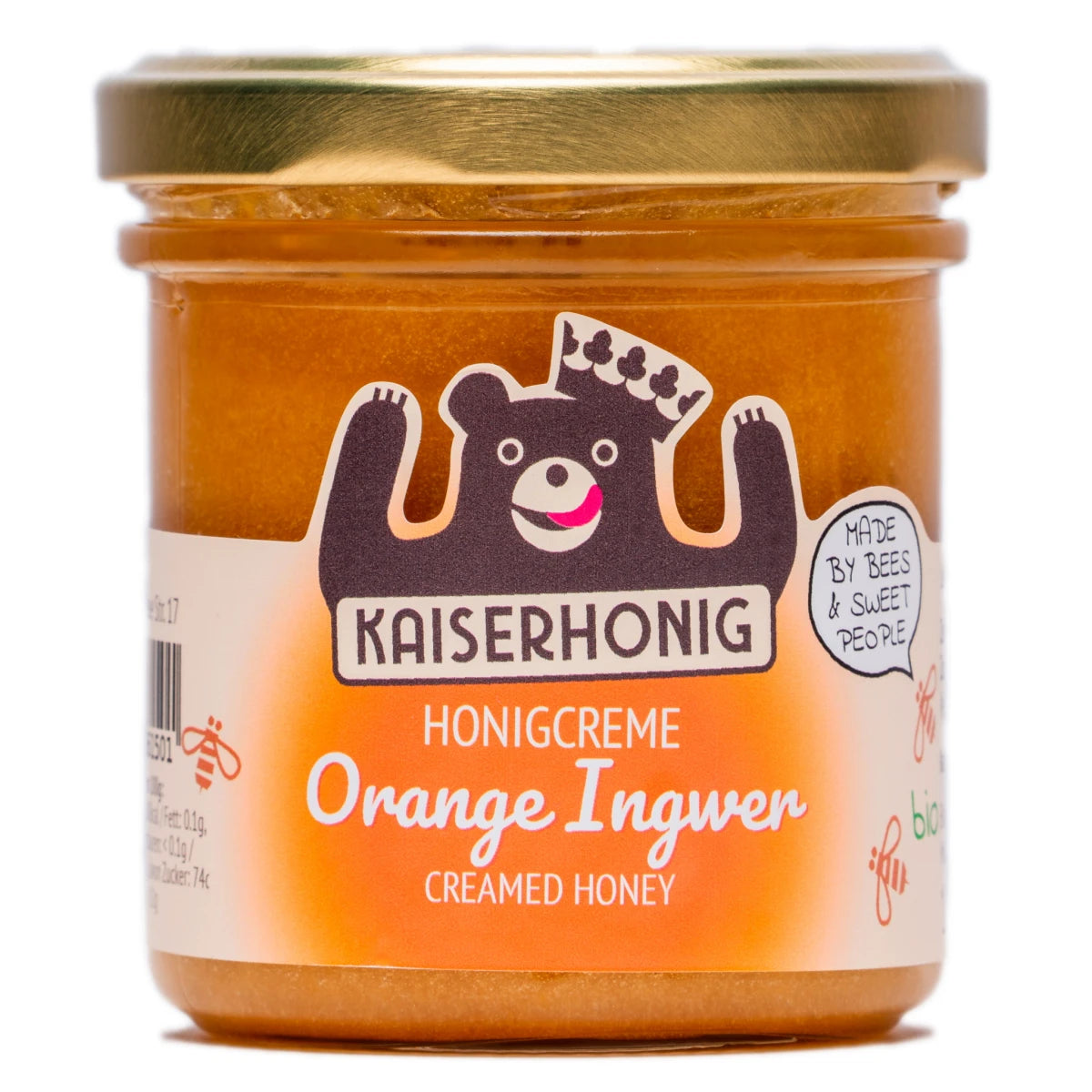 Glas Kaiserhonig Honigcreme Orange Ingwer mit goldfarbenem Deckel, orangefarbenem Etikett und lachendem Bären mit Krone, Aufschrift „Made by Bees & Sweet People“.