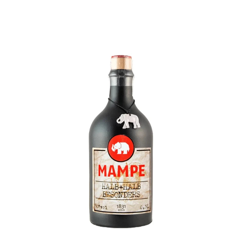 Flasche Mampe Halb & Halb Besonderheit 0,5 l, schwarzes Design mit rotem Elefantenlogo, Berliner Bitterlikör mit 30 % vol., im Eichenfass gereift